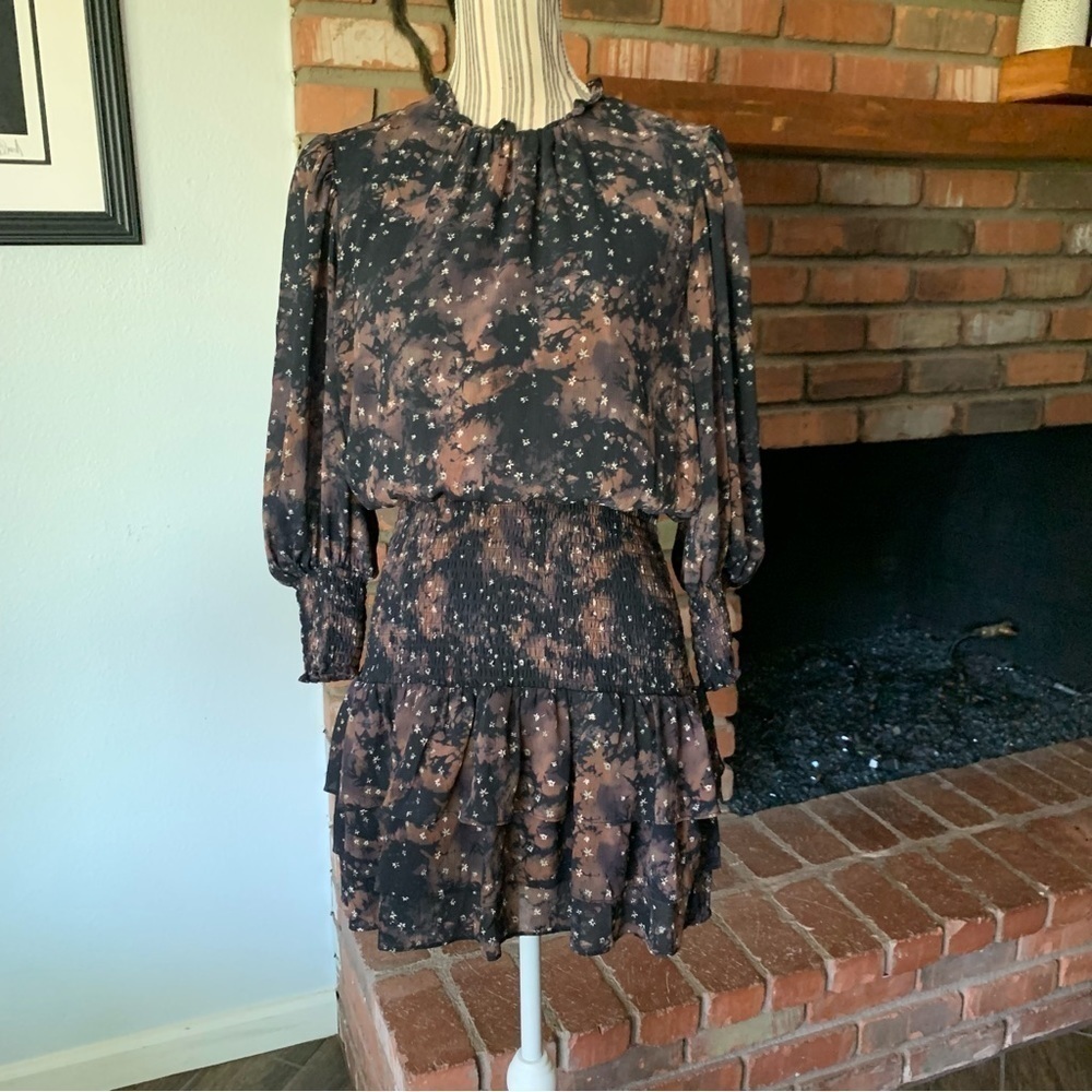 Amanda Uprichard Madalyn Smocked Mini Dress Black Brown Tie Dye Sz L